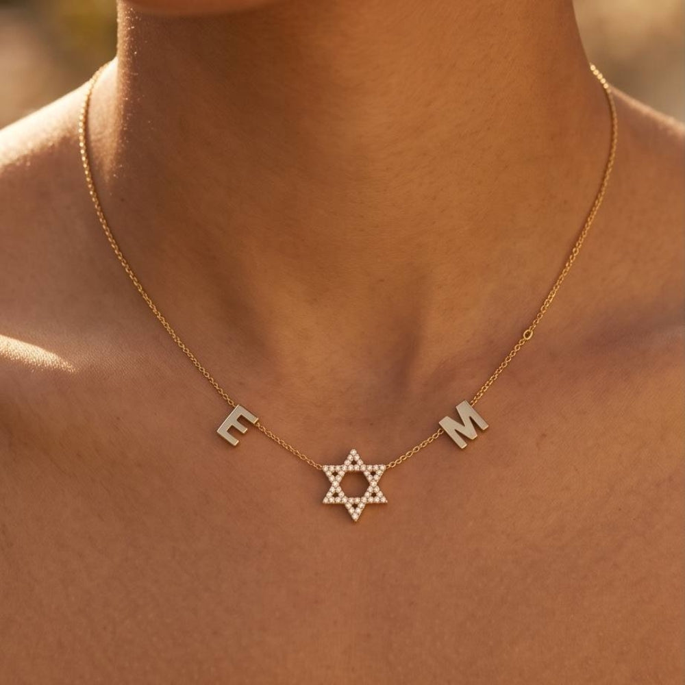 14K Gold Diamond Star of David Personalized Initials Necklace