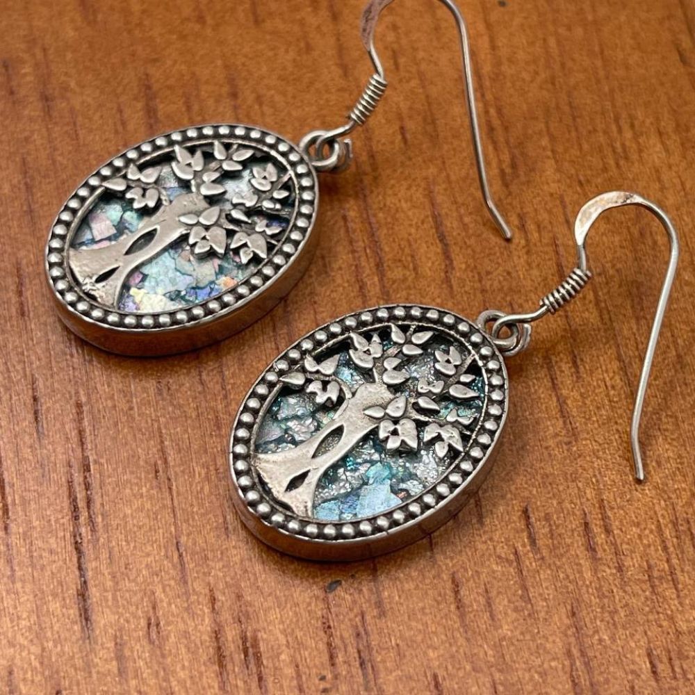Oval Tree of Life Earrings with Roman Glass in Sterling Silver