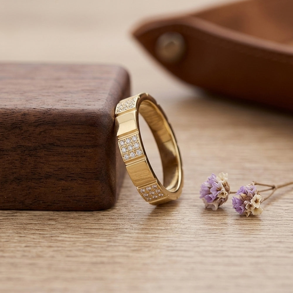 14K Gold Geometric Cube Diamond Wedding Band