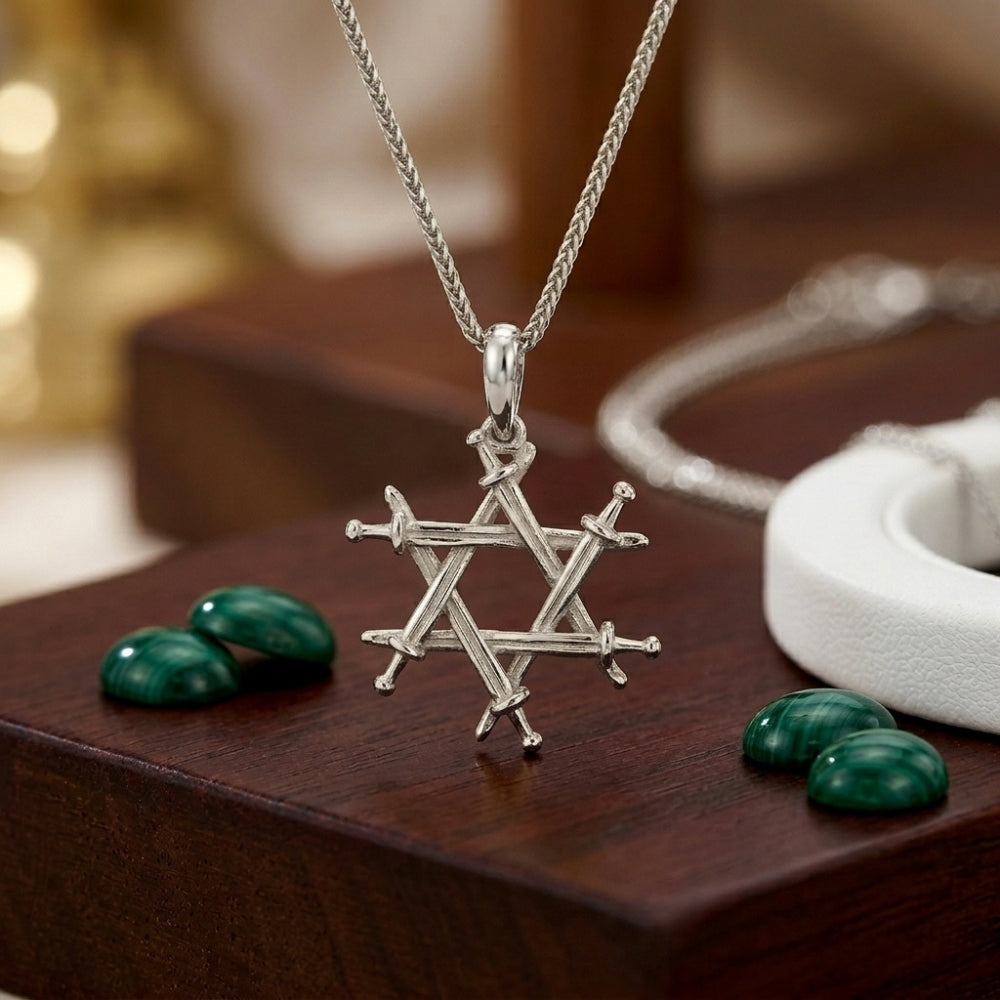 14K Solid Gold Iron Swords Star of David Pendant – Magen David Haravot Barzel Jewish Necklace