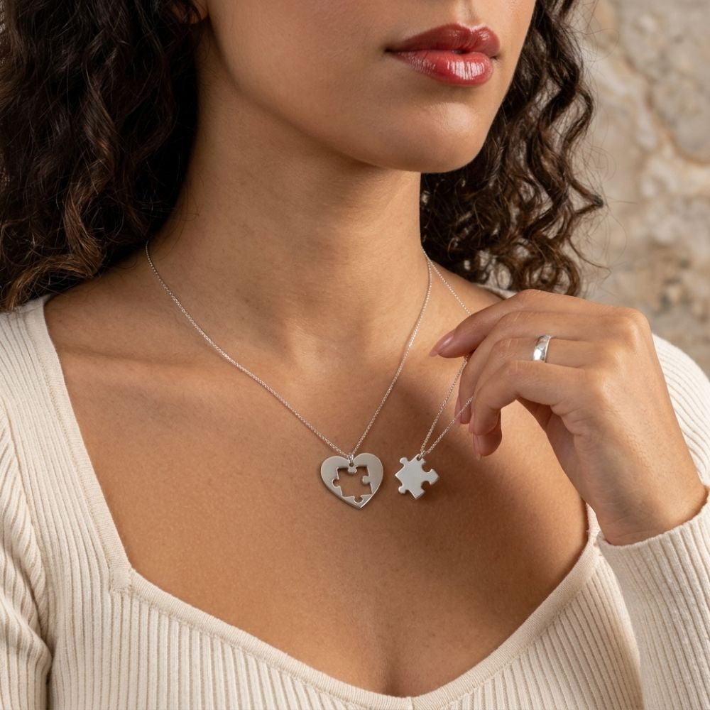 925 Sterling Silver Heart Puzzle Necklace Set – Matching Couple