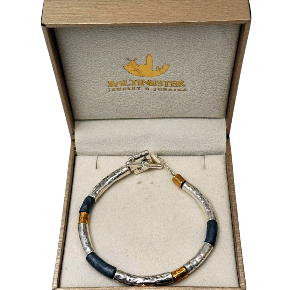 Lightweight Israeli Silver Bracelet – Oxidized Silver & Gold Plated Hammered Jewelry