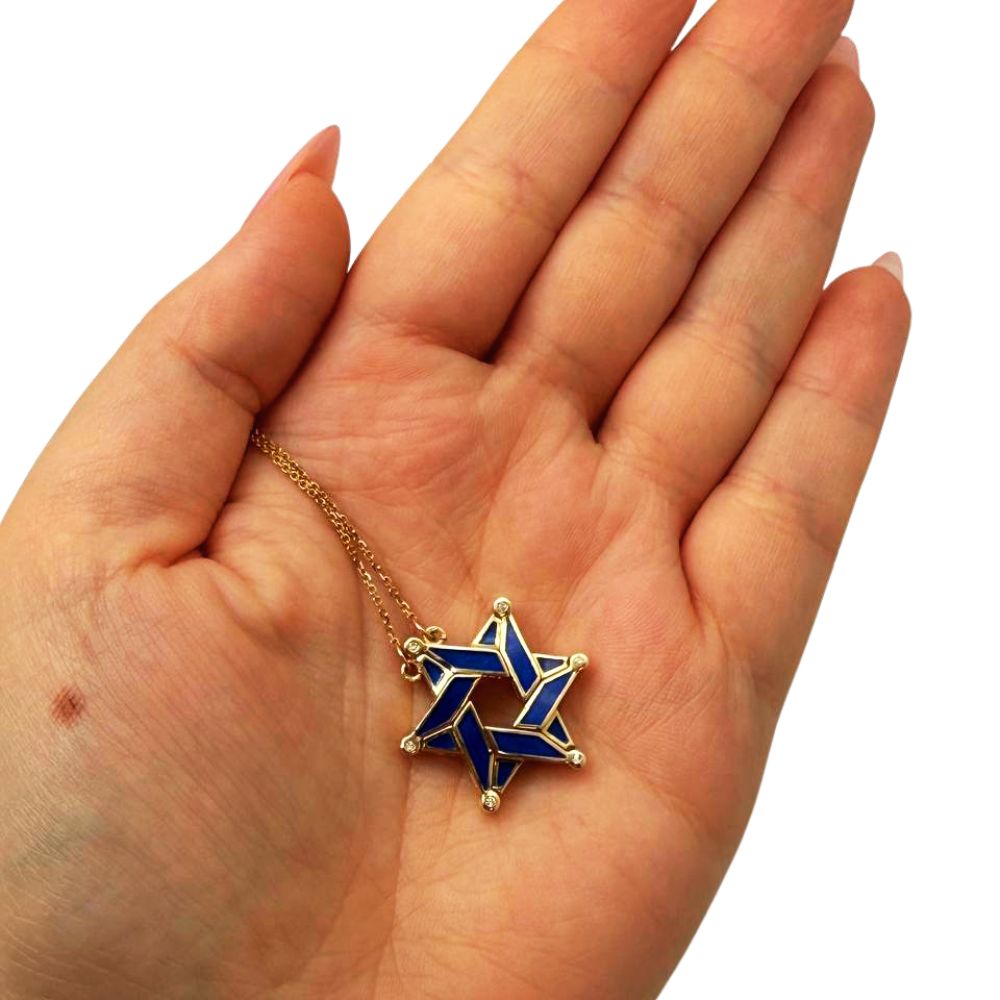 14K Gold Expandable Star of David Butterfly Necklace with Blue Enamel & Diamond