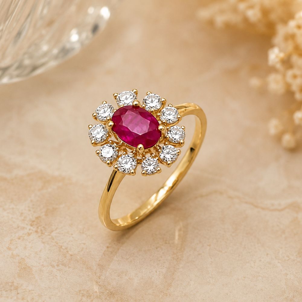 14K Gold Ruby & Diamond Halo Ring