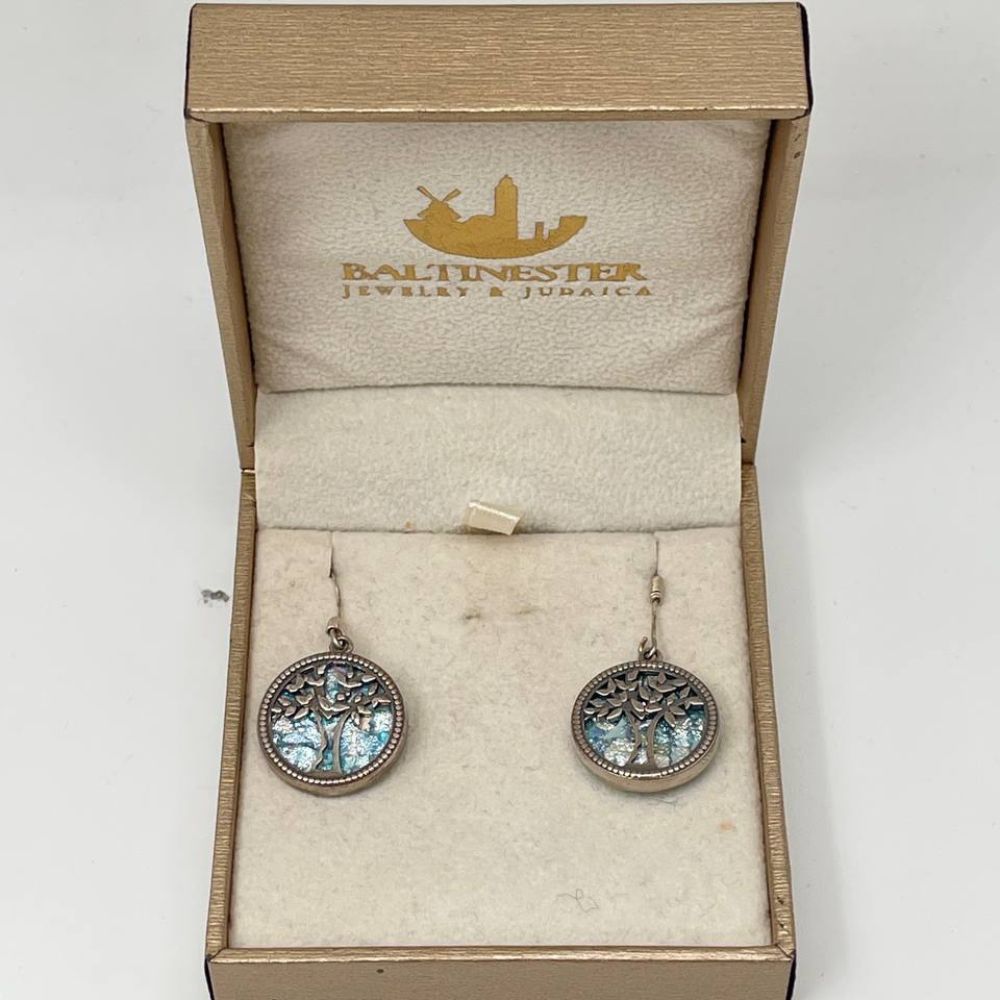 Tree of Life Earrings with Roman Glass in Sterling Silver