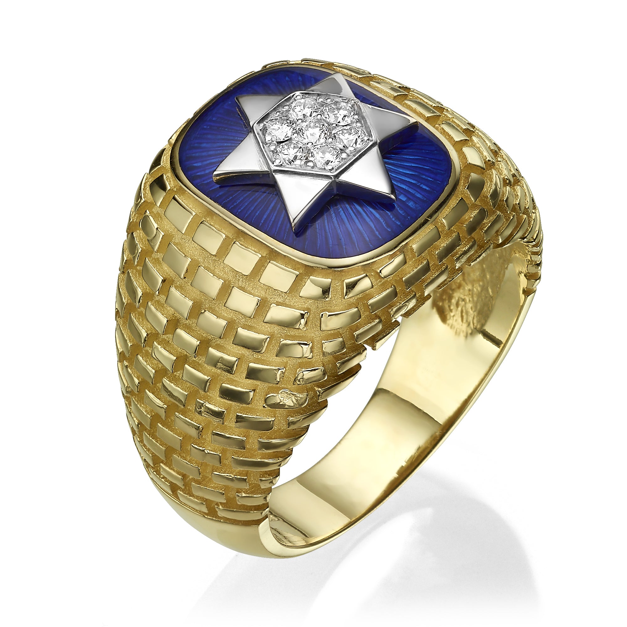Star of David ring - 14K Yellow &amp; White Gold Blue Enamel Diamond Ring with Star of David &amp; Western Wall