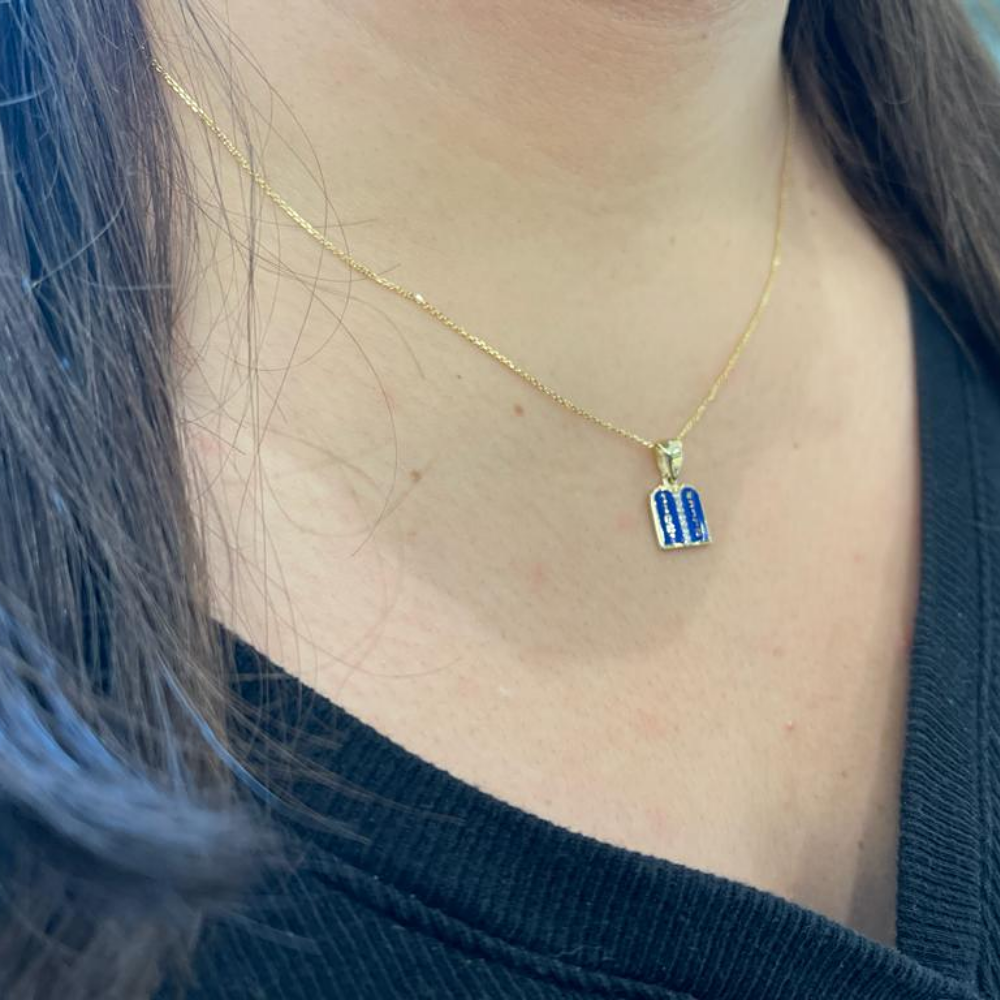 Ten Commandments Pendant - 14K Yellow Gold and Blue Enamel Diamond-Studded