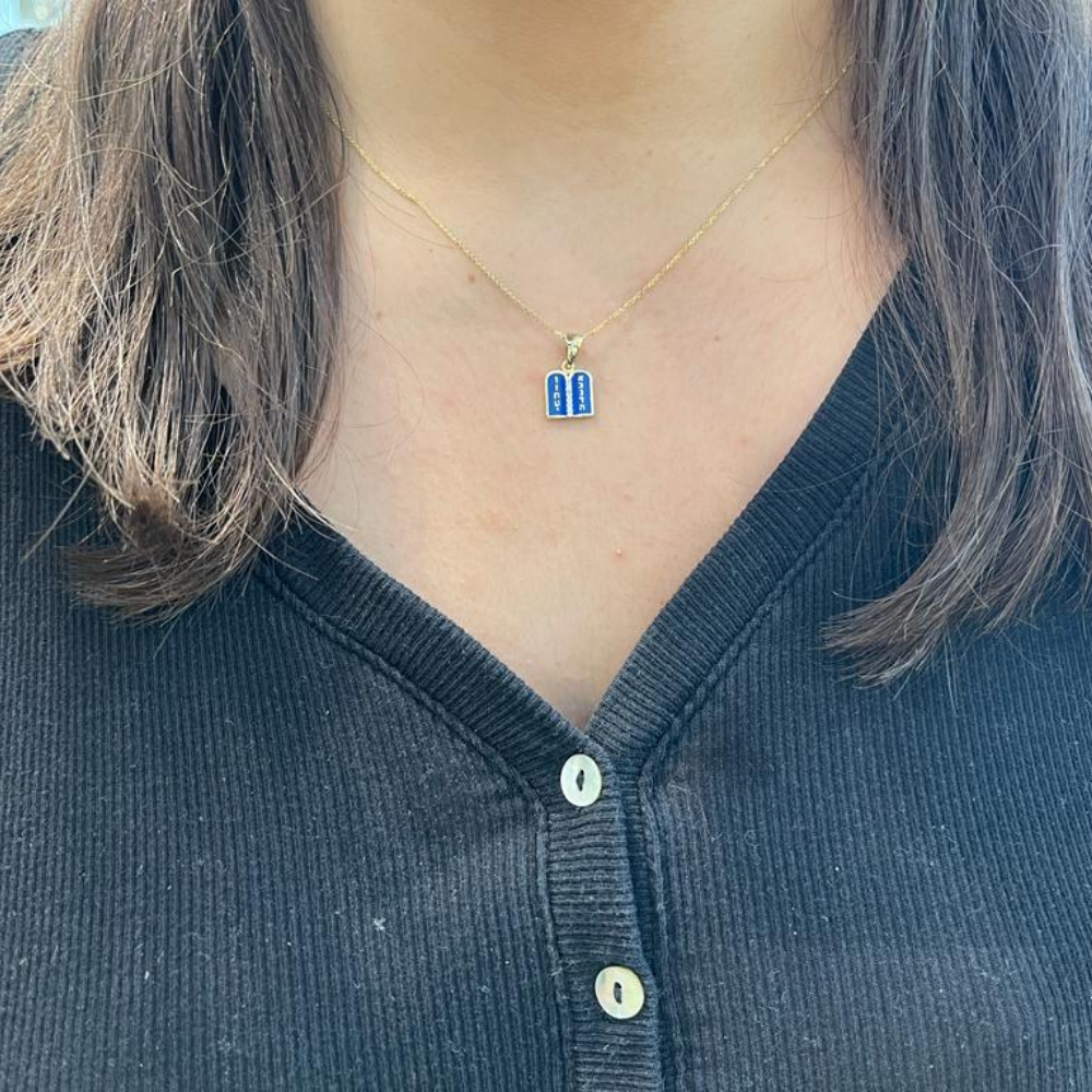Ten Commandments Pendant - 14K Yellow Gold and Blue Enamel Diamond-Studded