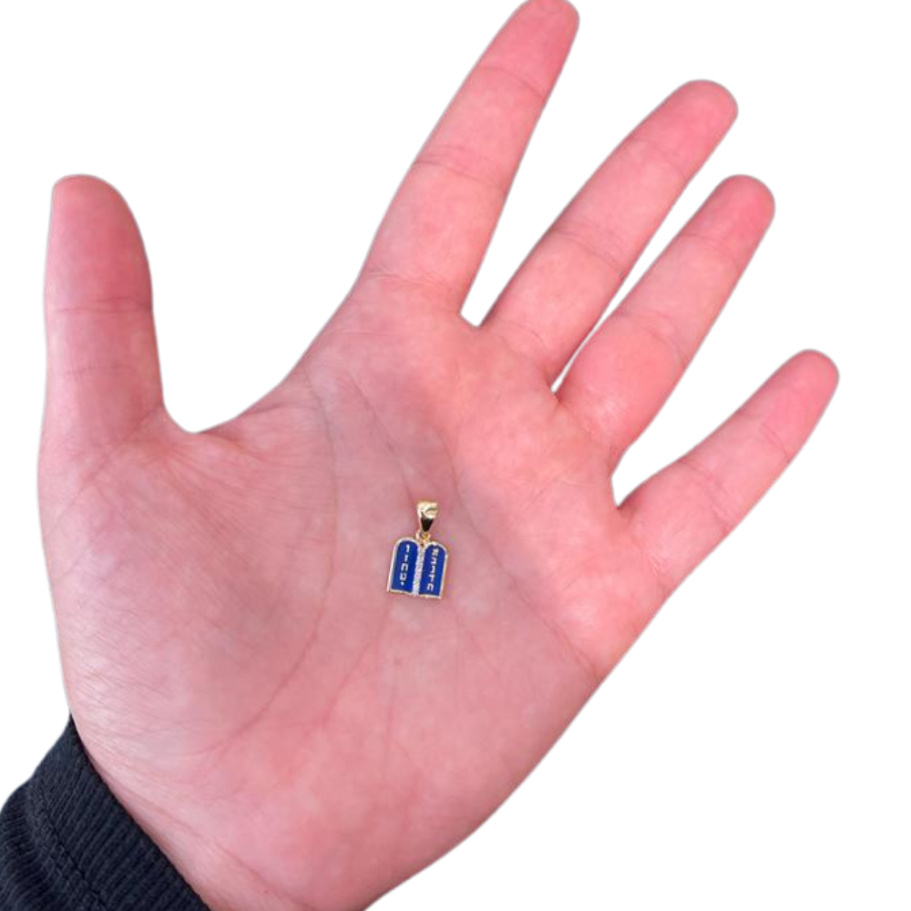 Ten Commandments Pendant - 14K Yellow Gold and Blue Enamel Diamond-Studded