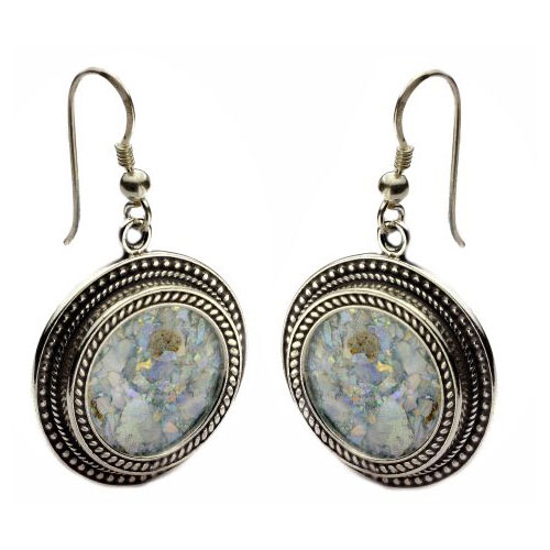 Silver Yemenite Round Roman Glass Earrings