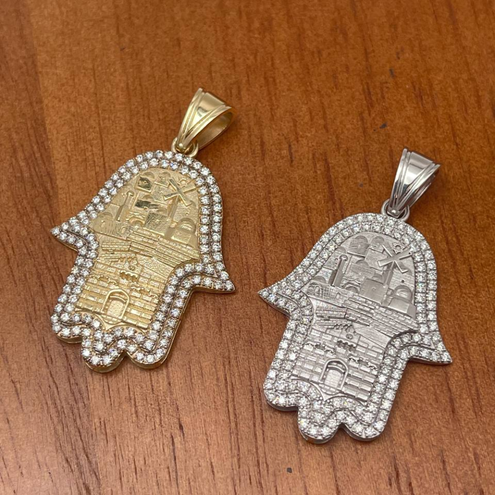 Hamsa Pendant with Jerusalem Skyline 14K Gold & 1.22 CT Diamonds – Am Yisrael Chai Engraving