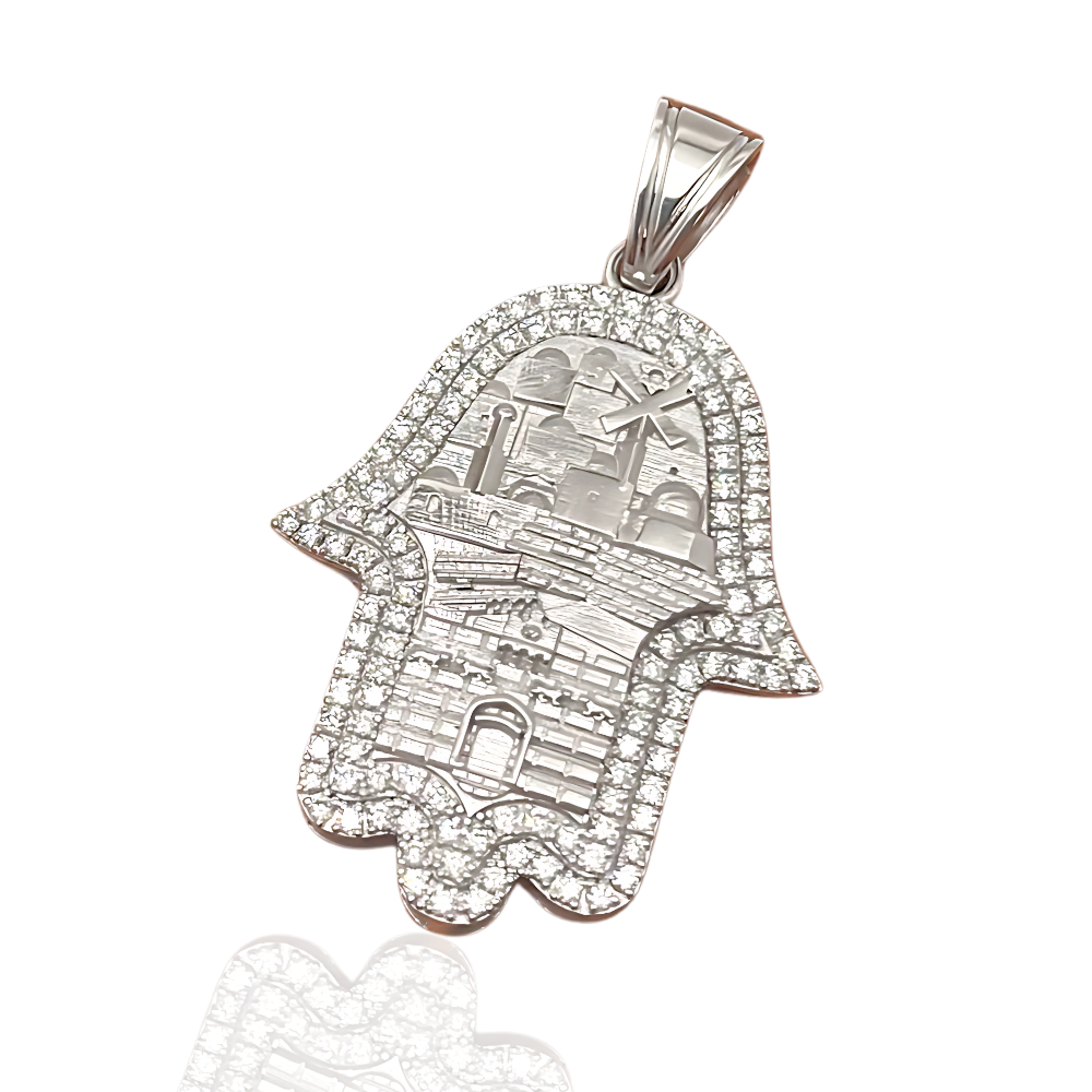 Hamsa Pendant with Jerusalem Skyline 14K Gold & 1.22 CT Diamonds – Am Yisrael Chai Engraving