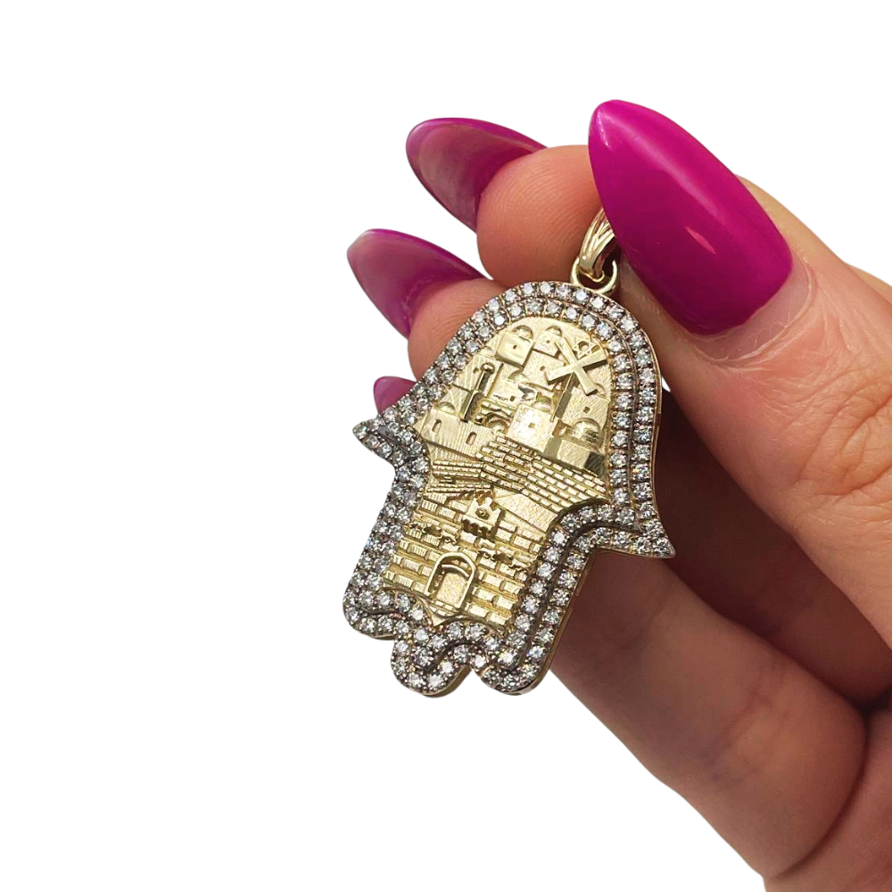 Hamsa Pendant with Jerusalem Skyline 14K Gold & 1.22 CT Diamonds – Am Yisrael Chai Engraving