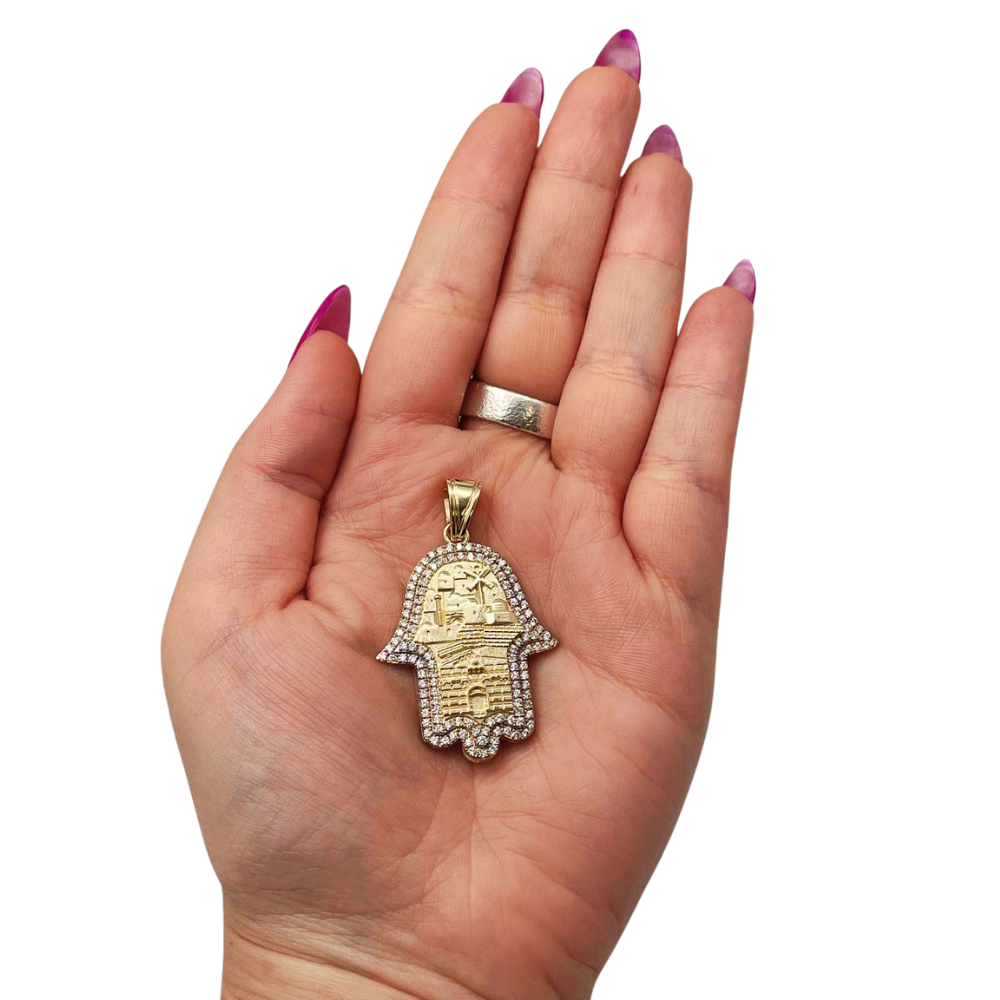 Hamsa Pendant with Jerusalem Skyline 14K Gold & 1.22 CT Diamonds – Am Yisrael Chai Engraving