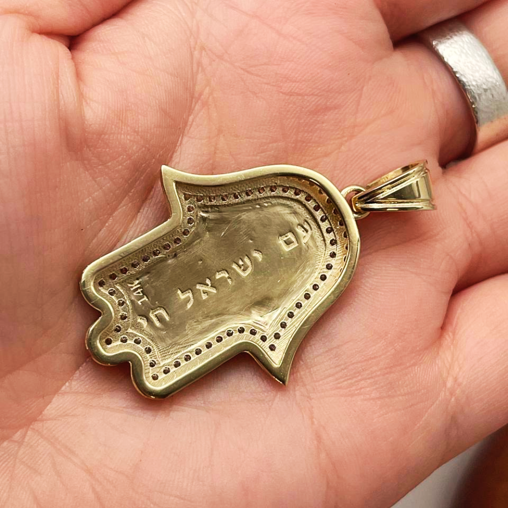 Hamsa Pendant with Jerusalem Skyline 14K Gold & 1.22 CT Diamonds – Am Yisrael Chai Engraving