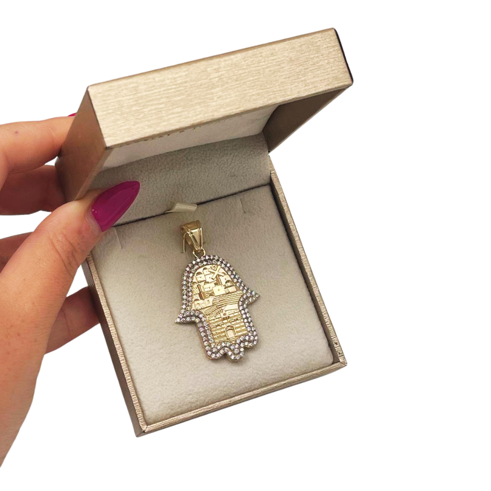 Hamsa Pendant with Jerusalem Skyline 14K Gold & 1.22 CT Diamonds – Am Yisrael Chai Engraving