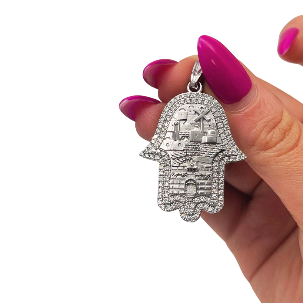 Hamsa Pendant with Jerusalem Skyline 14K Gold & 1.22 CT Diamonds – Am Yisrael Chai Engraving