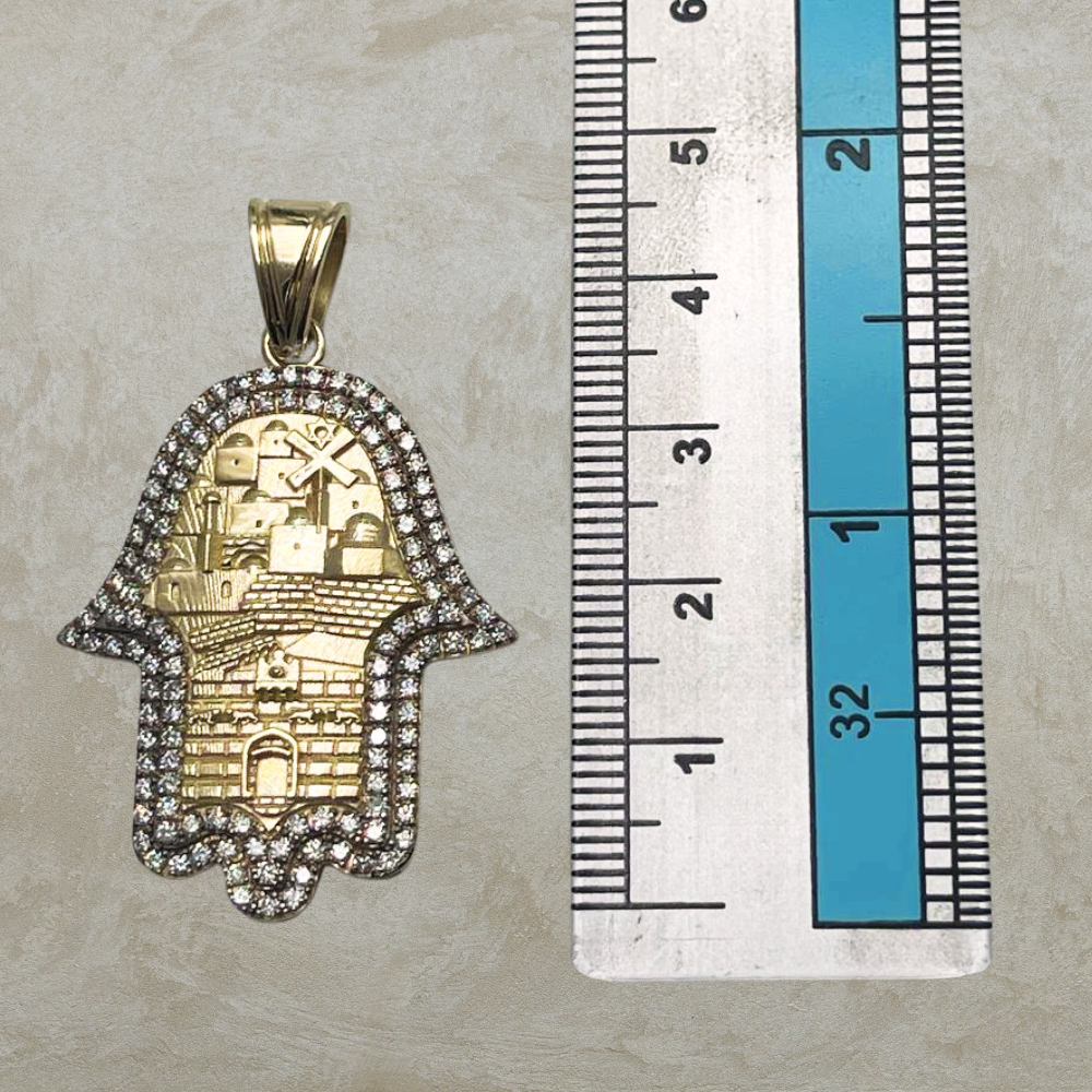 Hamsa Pendant with Jerusalem Skyline 14K Gold & 1.22 CT Diamonds – Am Yisrael Chai Engraving