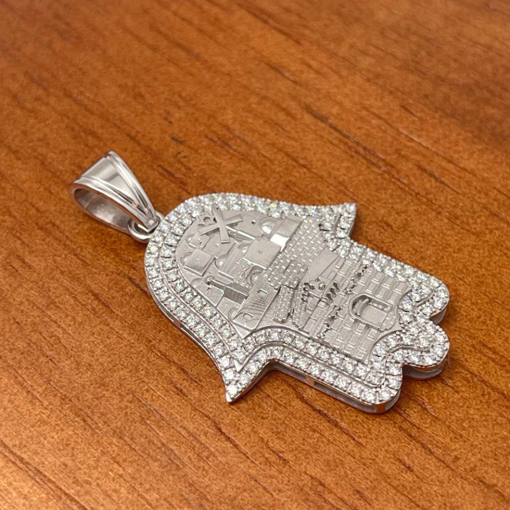 Hamsa Pendant with Jerusalem Skyline 14K Gold & 1.22 CT Diamonds – Am Yisrael Chai Engraving