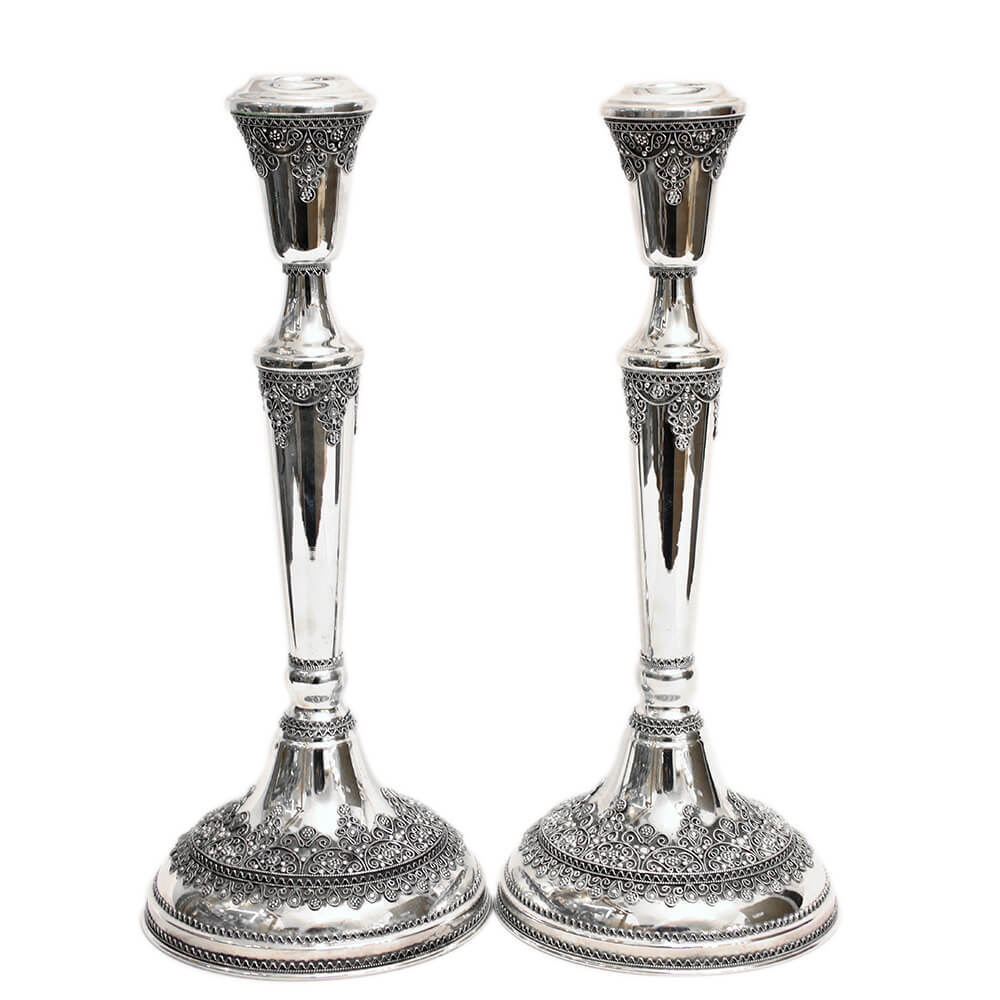 Tall Silver Filigree Shabbat Candlesticks