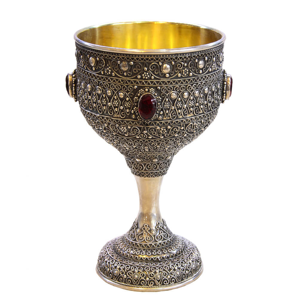 Kiddush Cup with Full Silver Filigree and Garnet Stones