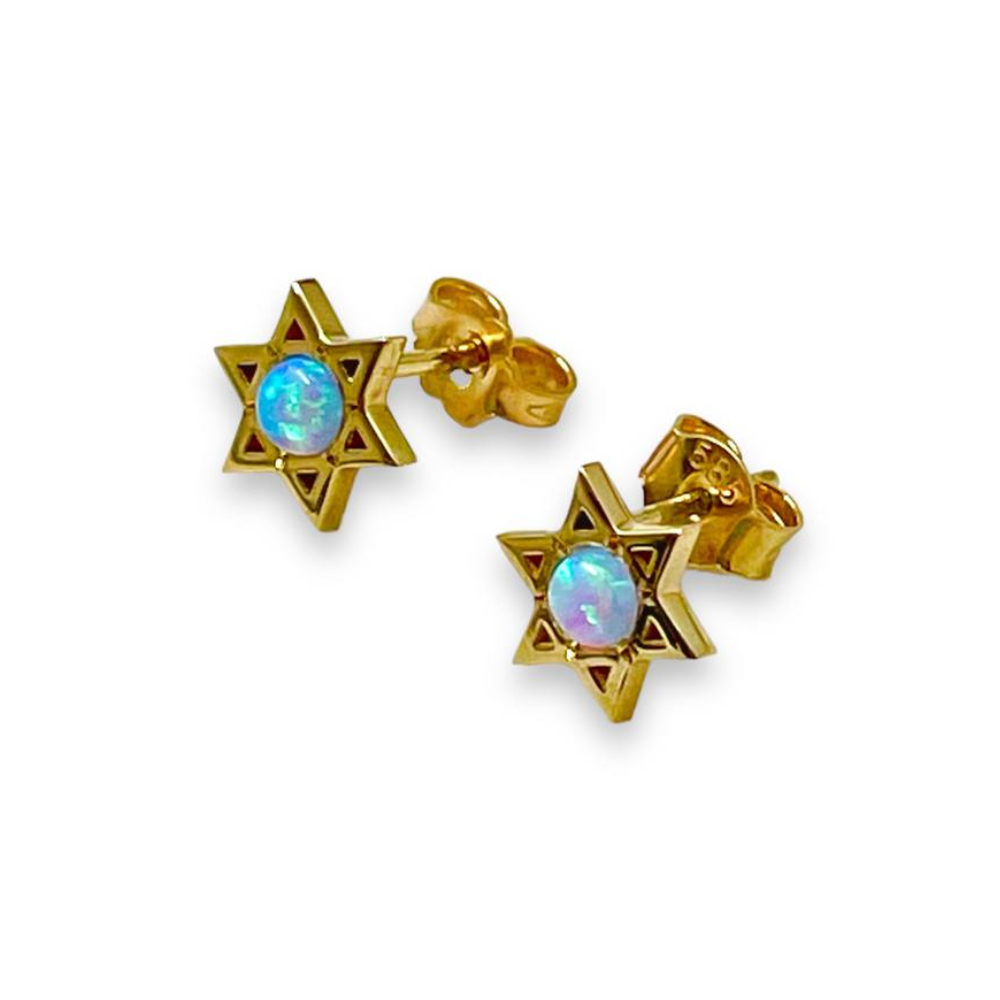 Star of David Stud Earrings with Opalite in 14K Gold