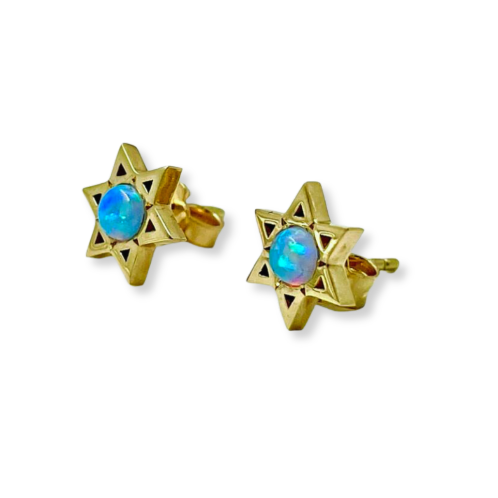 Star of David Stud Earrings with Opalite in 14K Gold