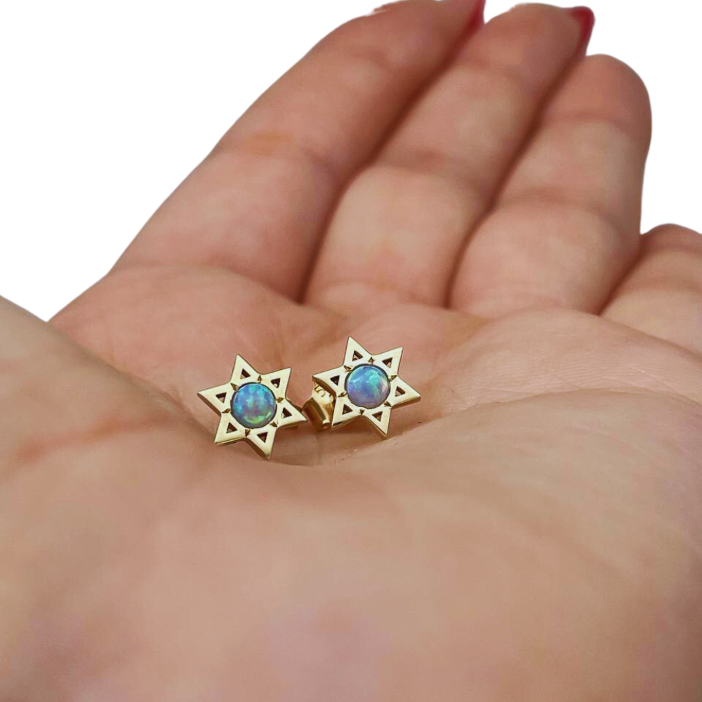 Star of David Stud Earrings with Opalite in 14K Gold