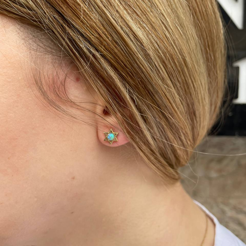 Star of David Stud Earrings with Opalite in 14K Gold