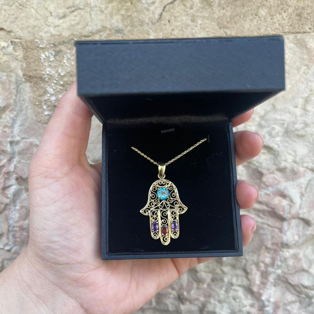 14k Gold and Semi-Precious Stones Hamsa Pendant