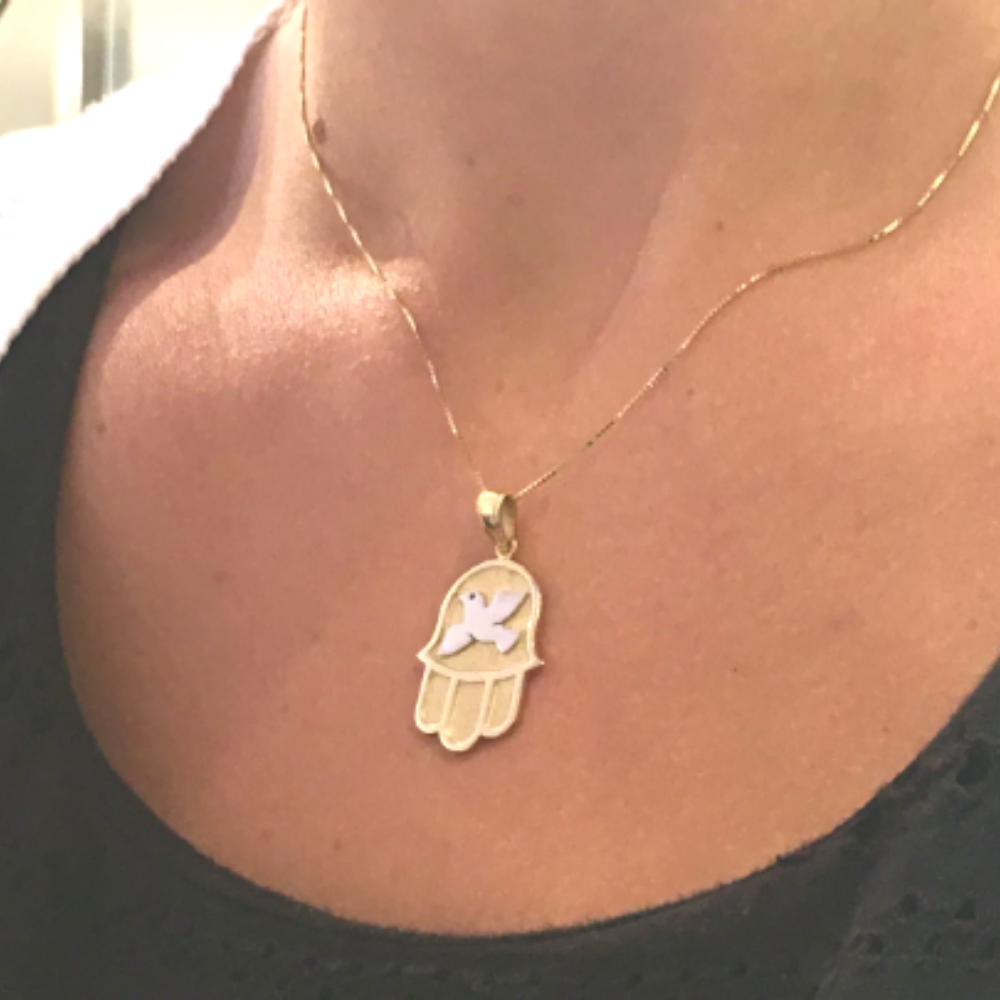 Dove Hamsa Pendant in 14k Gold Florentine