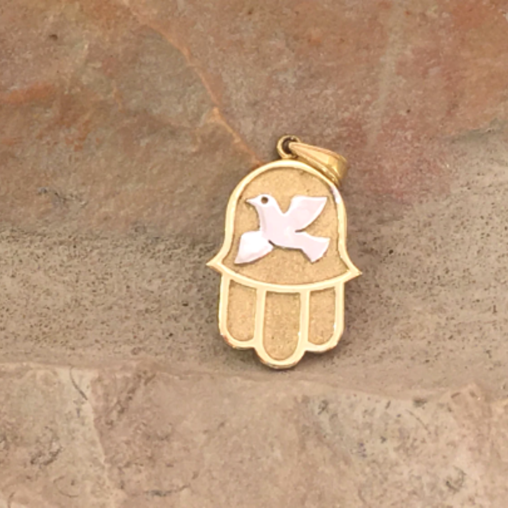 Dove Hamsa Pendant in 14k Gold Florentine