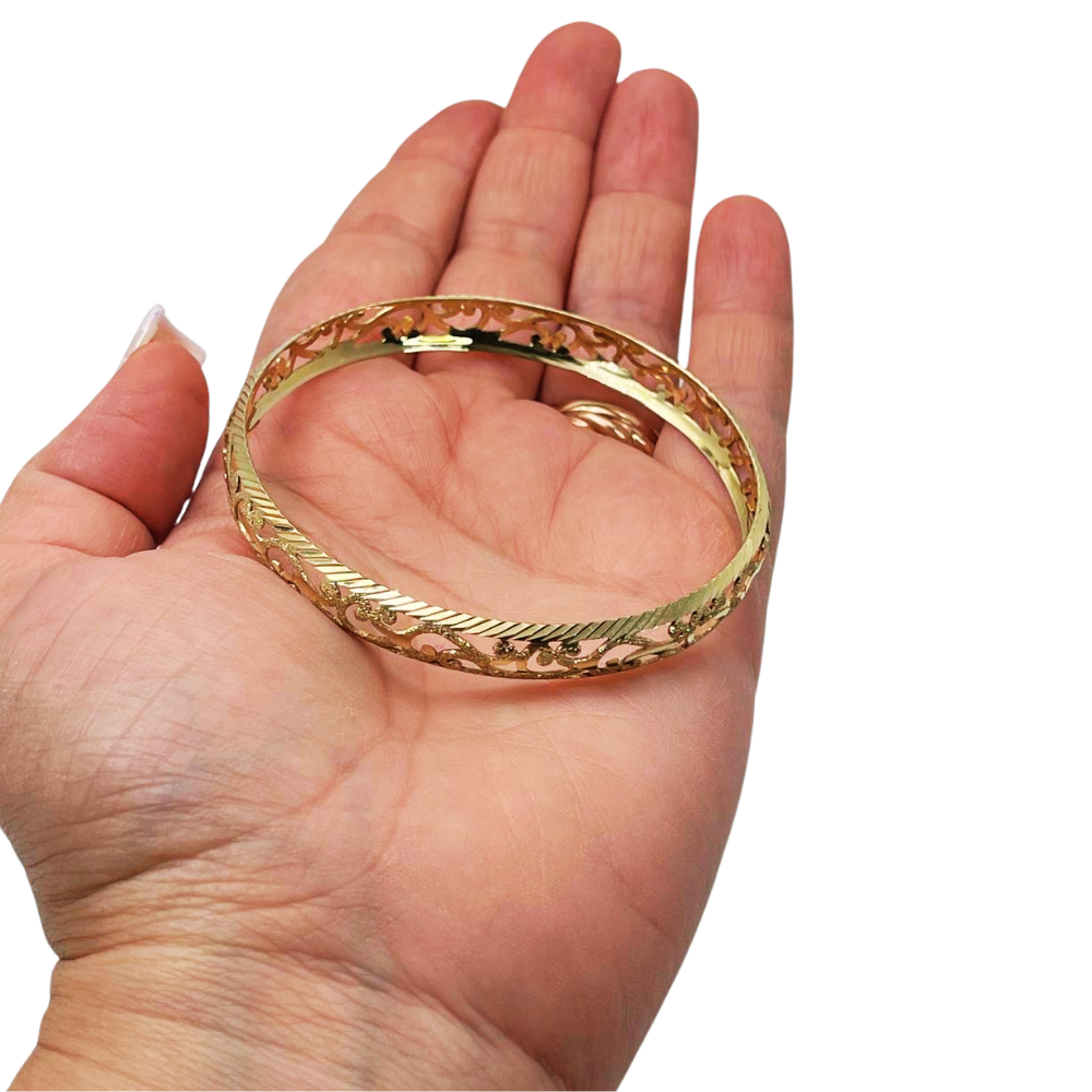 Modern Filigree Bangle with Laser Cut Edging in 14K Gold