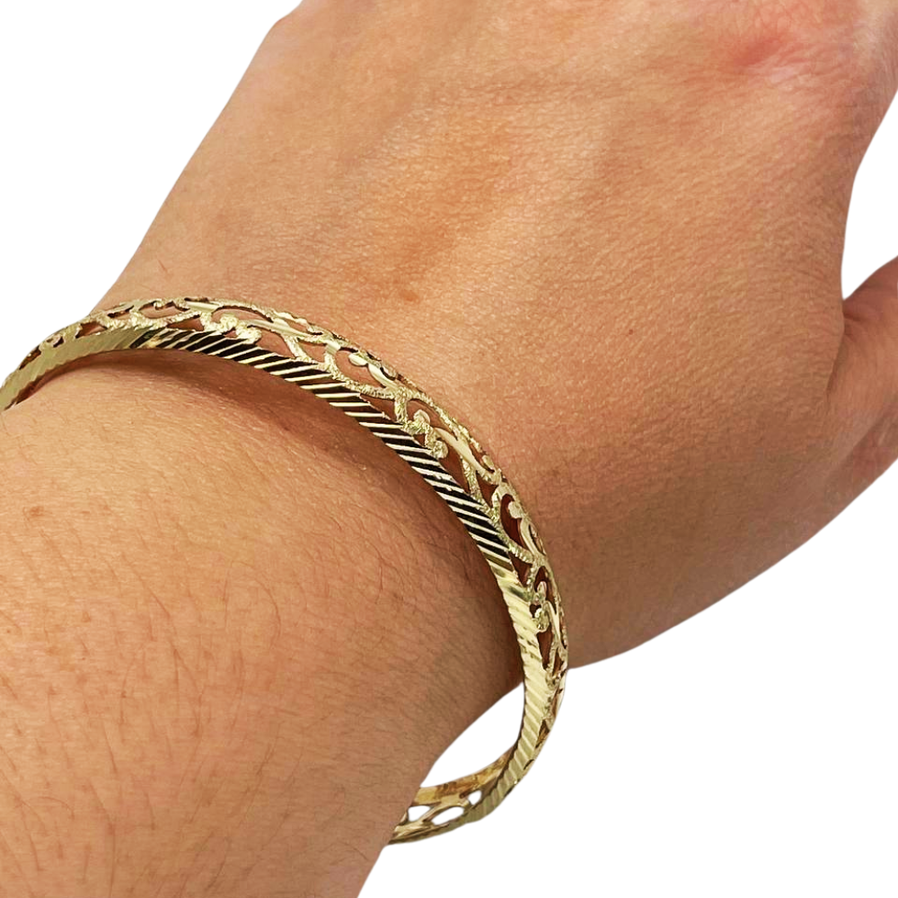 Modern Filigree Bangle with Laser Cut Edging in 14K Gold