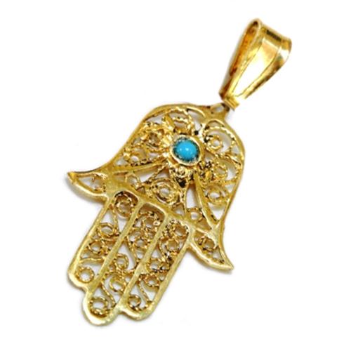 Hamsa Hand Pendant - 14k Yellow Gold Filigree Turquoise