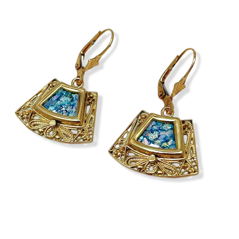 Roman Glass Trapezoid Filigree Earrings in 14K Gold
