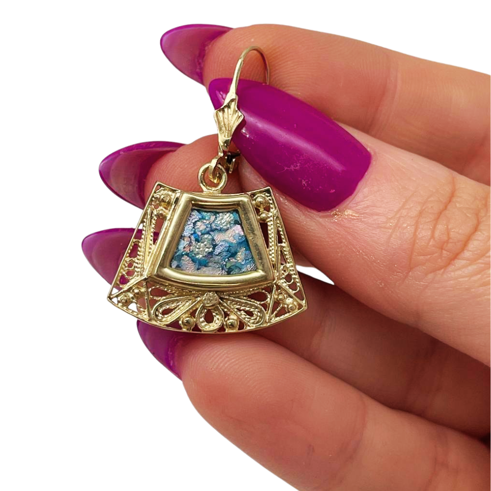Roman Glass Trapezoid Filigree Earrings in 14K Gold