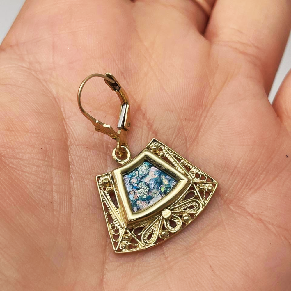 Roman Glass Trapezoid Filigree Earrings in 14K Gold