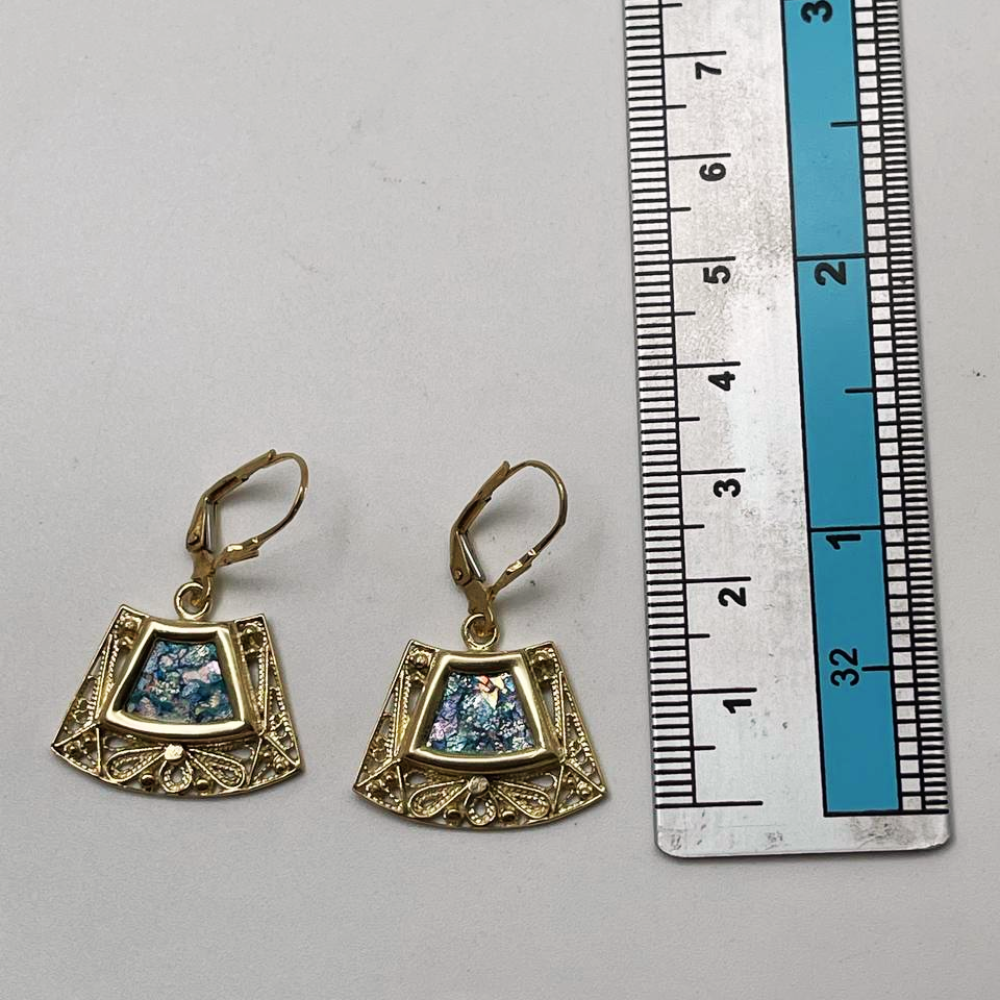 Roman Glass Trapezoid Filigree Earrings in 14K Gold