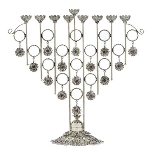 Silver Flowers Amethyst Filigree Hanukkah Menorah