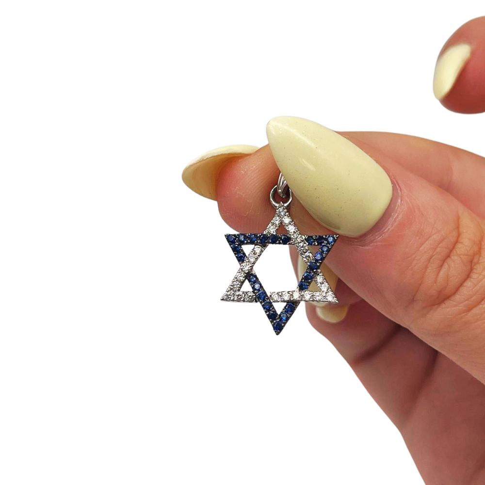 Star of David Pendant with Diamonds and Sapphires in 14K White Gold