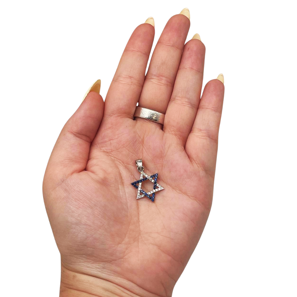 Star of David Pendant with Diamonds and Sapphires in 14K White Gold