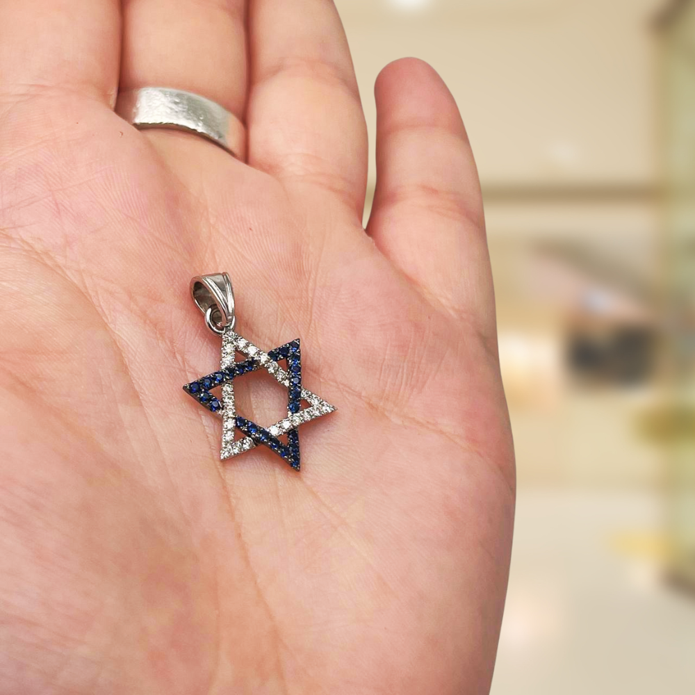 Star of David Pendant with Diamonds and Sapphires in 14K White Gold