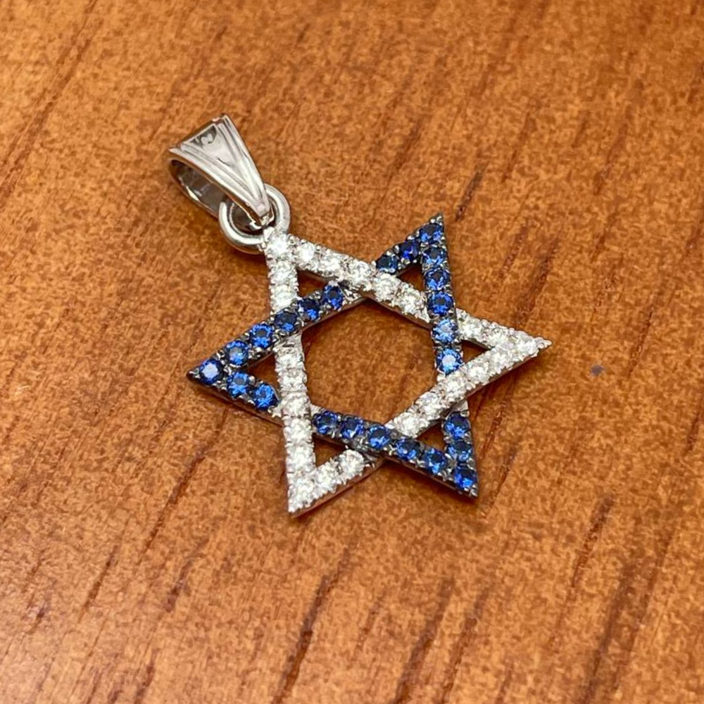 Star of David Pendant with Diamonds and Sapphires in 14K White Gold