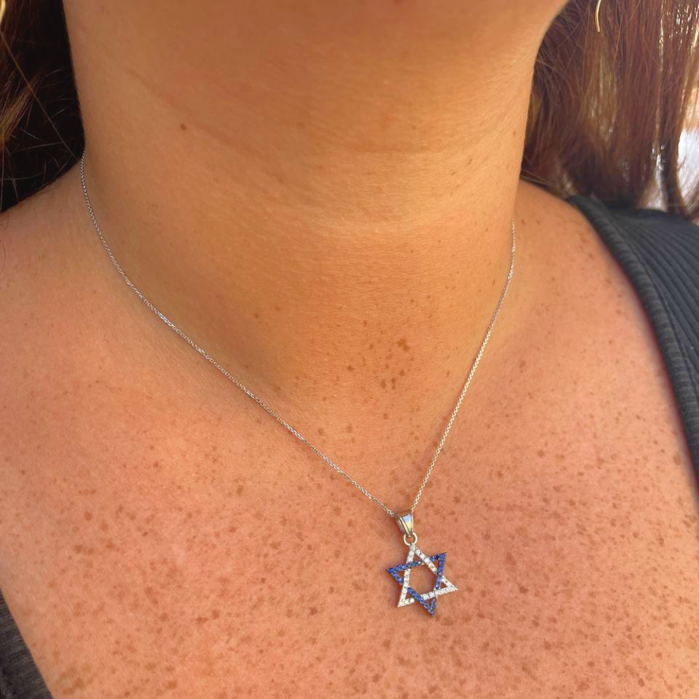 Star of David Pendant with Diamonds and Sapphires in 14K White Gold