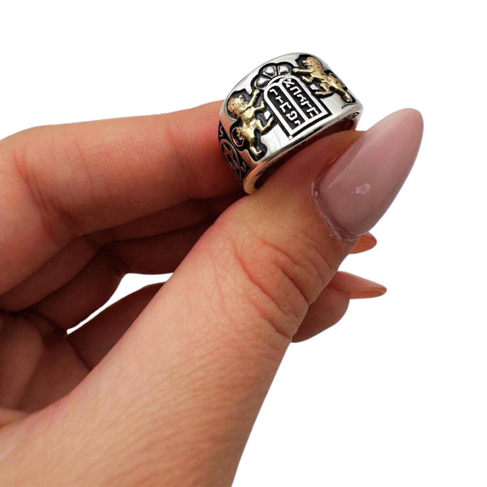 Lion of Judah Ten Commandments Star of David Jewish Ring in Silver and 14K Gold