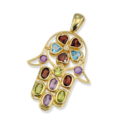 Hamsa Pendant - 14k Gold Diamond and Semi Precious Stones