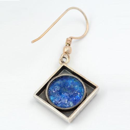 Silver Roman Glass Square Leaf Earrings
