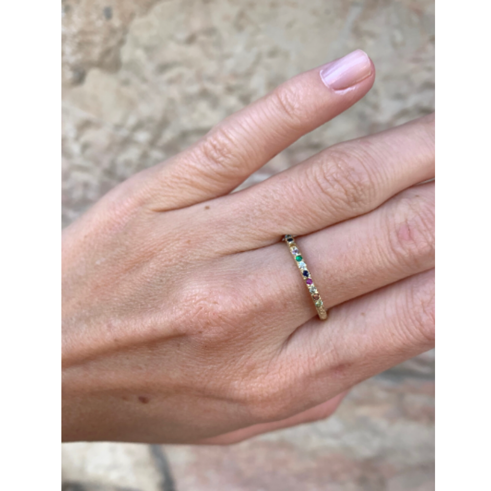 14K Yellow Gold Slim Band Kabbalah Ring with 12 Hoshen Gems