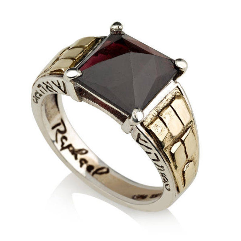 14K Yellow Gold and Silver Kabbalah Ring with Garnet Stone